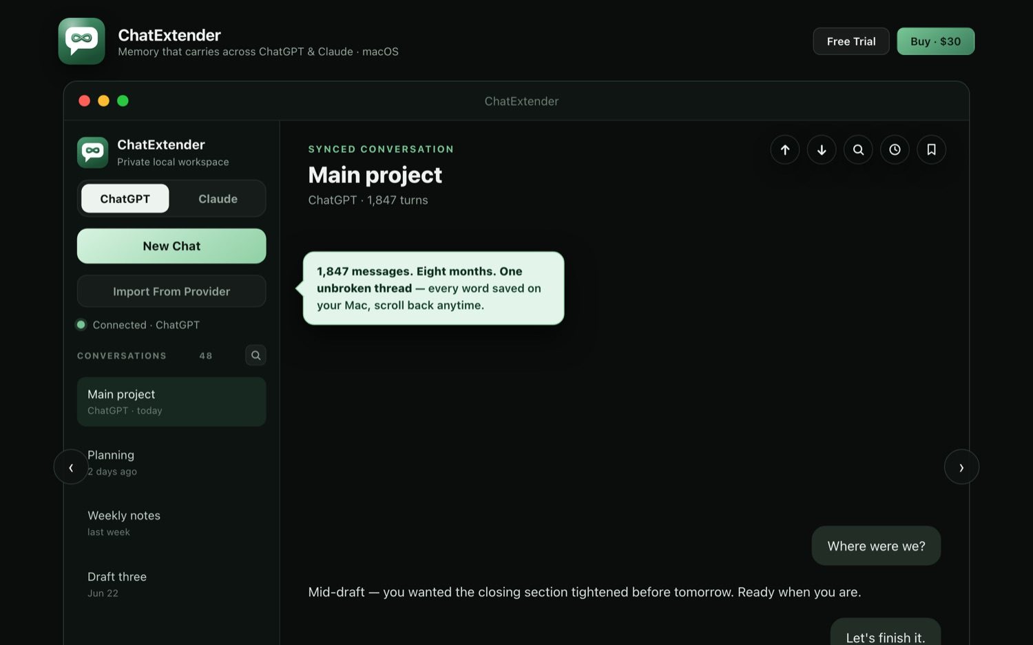 ChatExtender — AI conversation memory for macOS